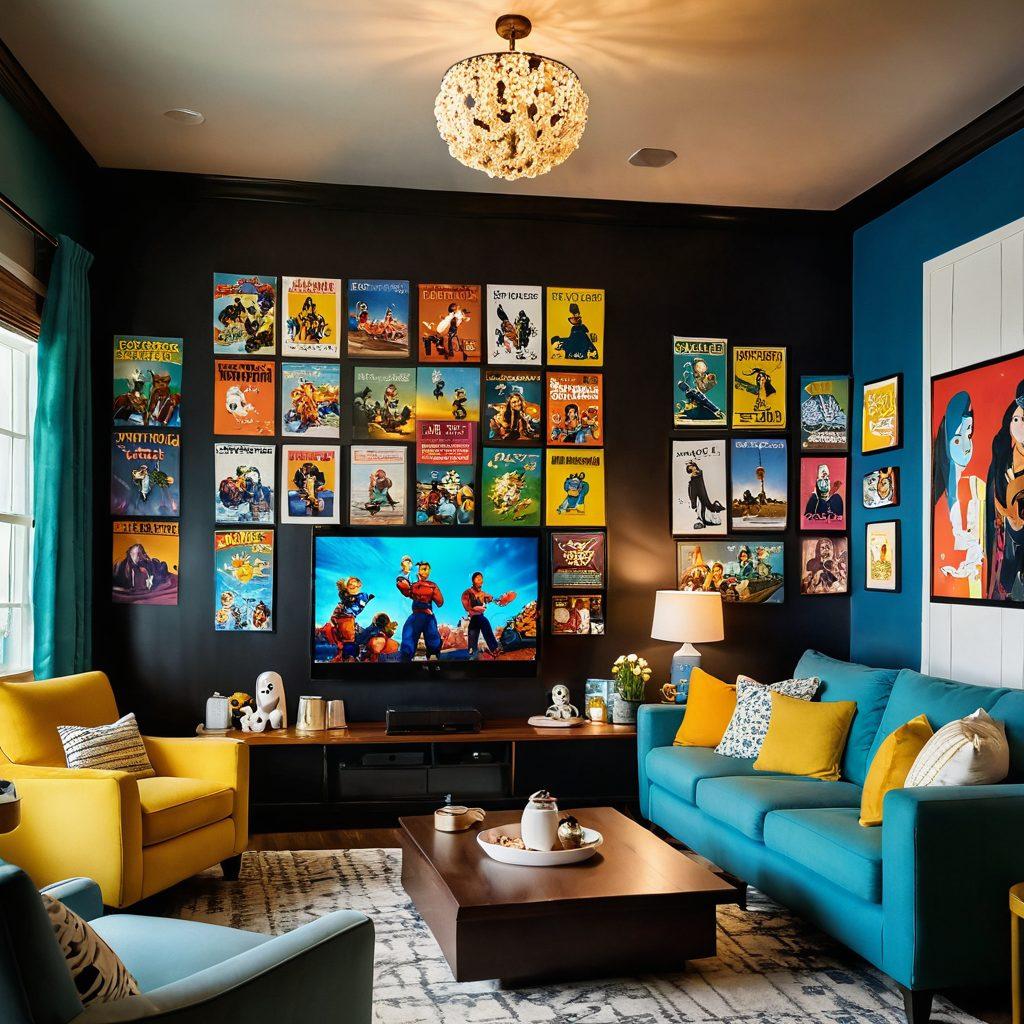 A vibrant and cozy family room scene, filled with diverse family members joyfully watching a classic feel-good film on a large screen. The walls are adorned with playful movie posters, while a bowl of popcorn sits on a colorful coffee table. Soft lighting creates a whimsical atmosphere, and an array of animated, happy characters from various films can be seen floating around the room. super-realistic. vibrant colors. cozy atmosphere.