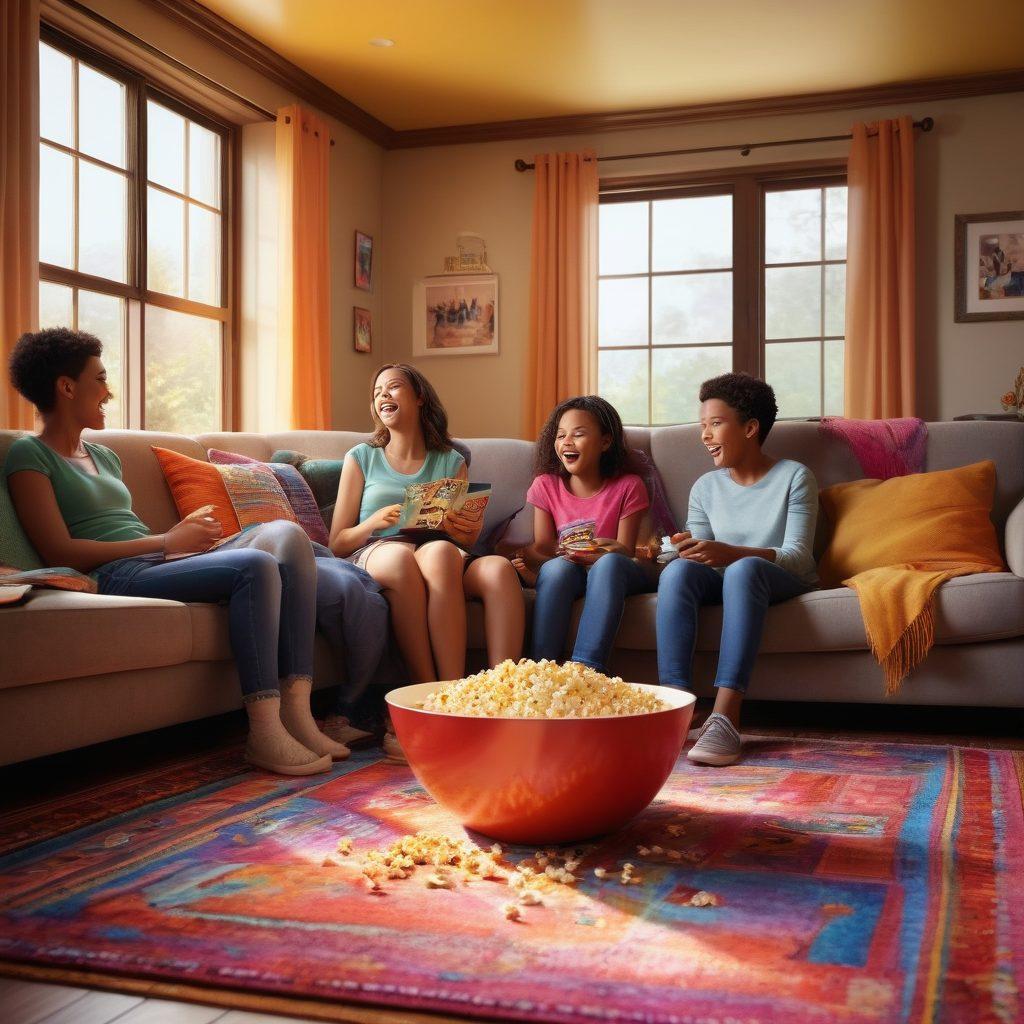 A cozy living room setting with a family of diverse characters laughing together while watching a colorful animated film on a large screen. Include a bowl of popcorn and scattered movie ticket stubs on a vibrant rug. Light streaming through the windows adds warmth and cheer to the scene. Create an overall playful, uplifting vibe. super-realistic. vibrant colors. warm lighting.